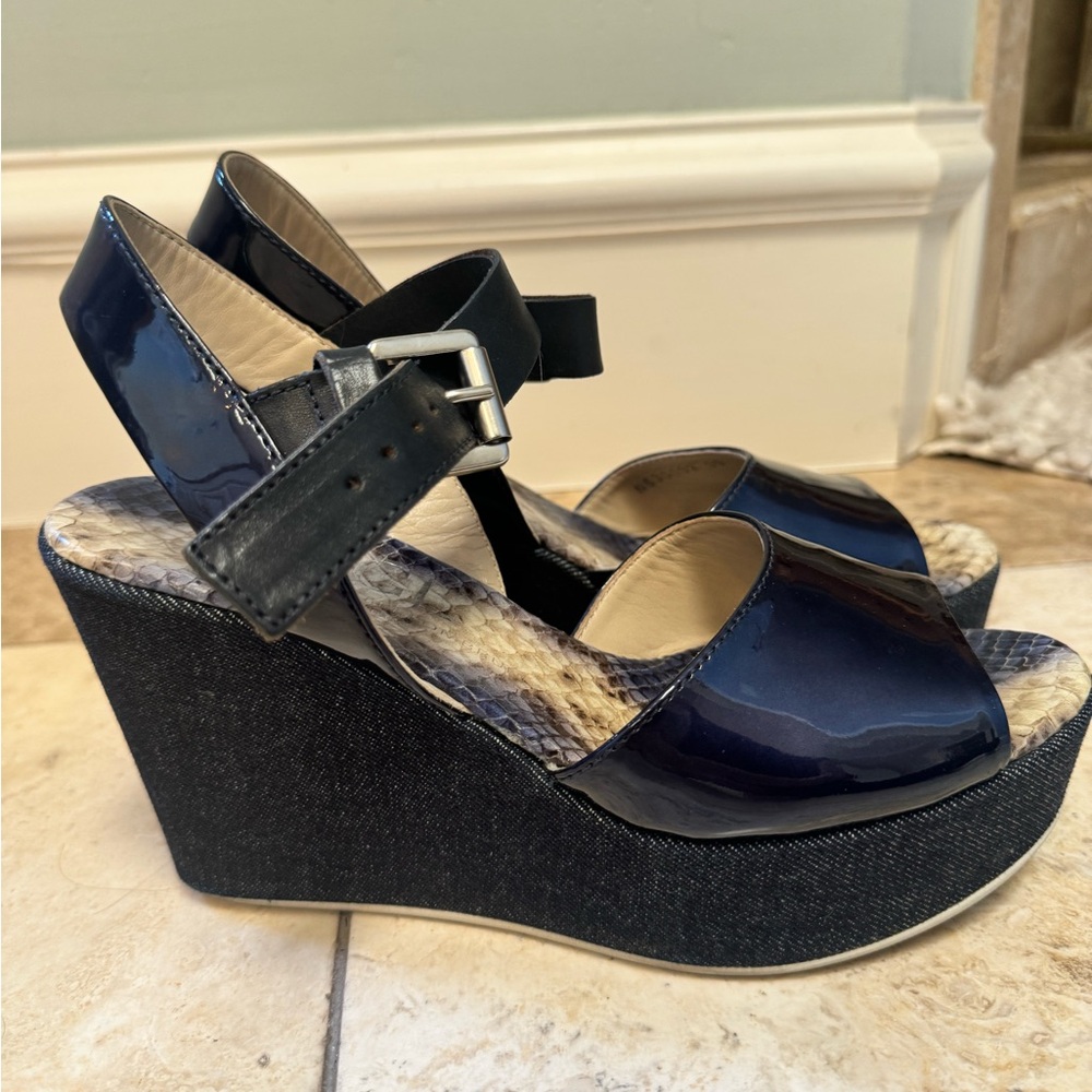 Navy Patent Leather Wedge Sandals